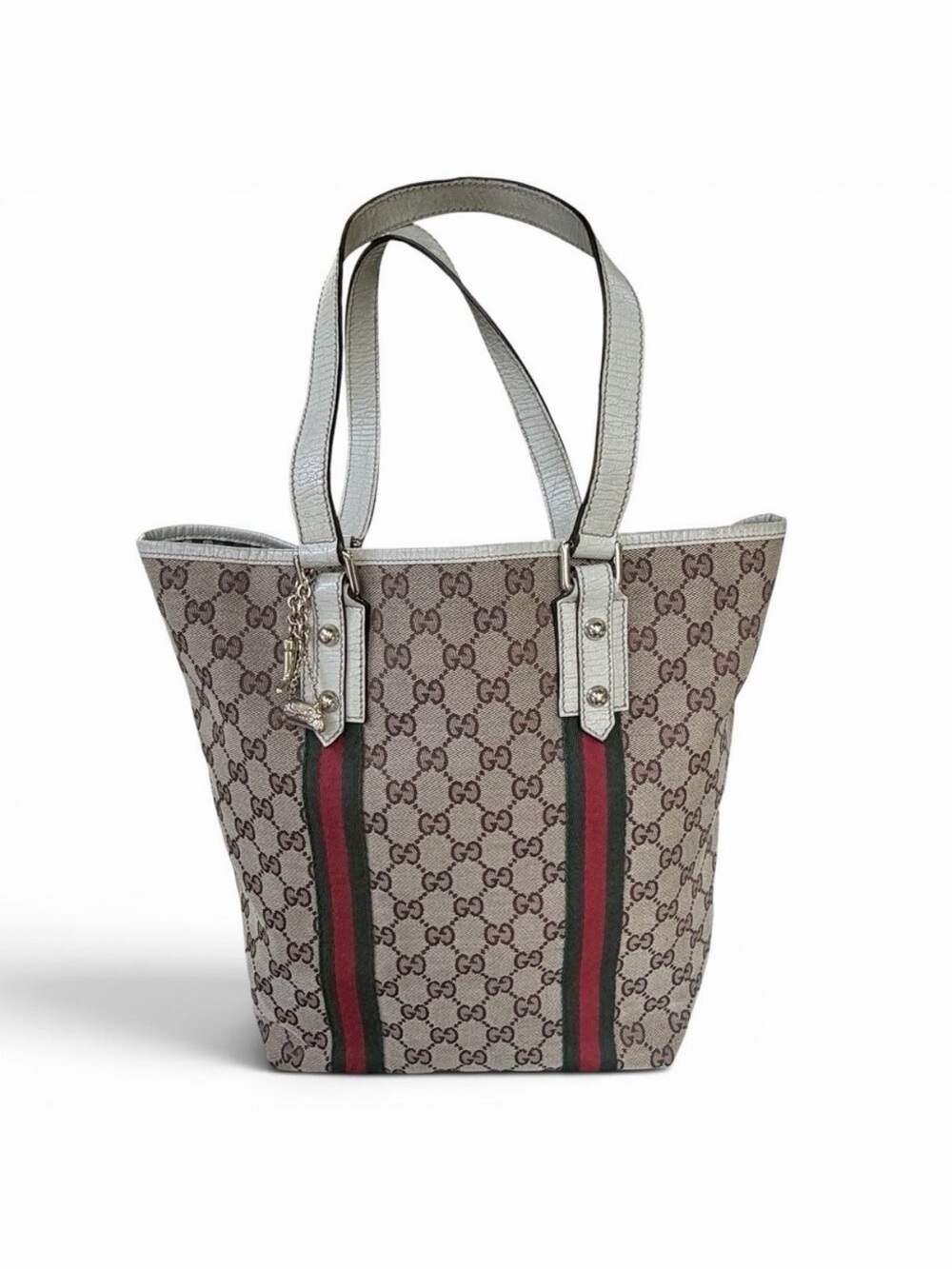 Gucci GG Canvas Tote Bag White Leather Trim Web Stripe Horsebit Charms w/ COA